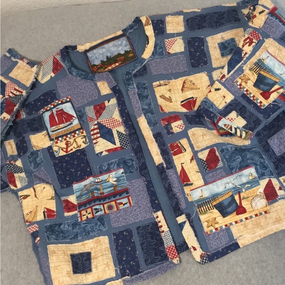 Quilted Patchwork Jacket Size 1X Boxy Oversized Coastal Nautical Country Artsy - Picture 11 of 13